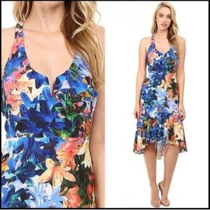 Nicole Miller Blue and Orange Floral High Low Dress